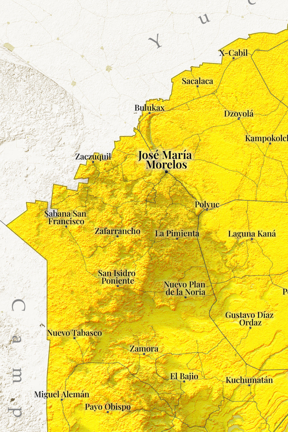 Quintana Roo, Mexico – Golden Shaded Relief Map | Fine Art Print