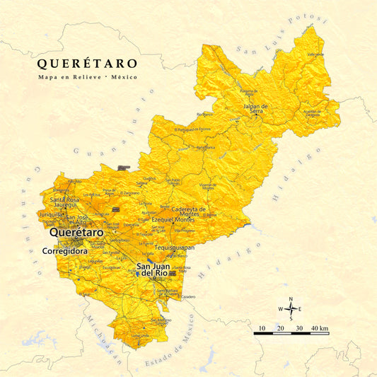 Queretaro, Mexico – Golden Shaded Relief Map | Fine Art Print
