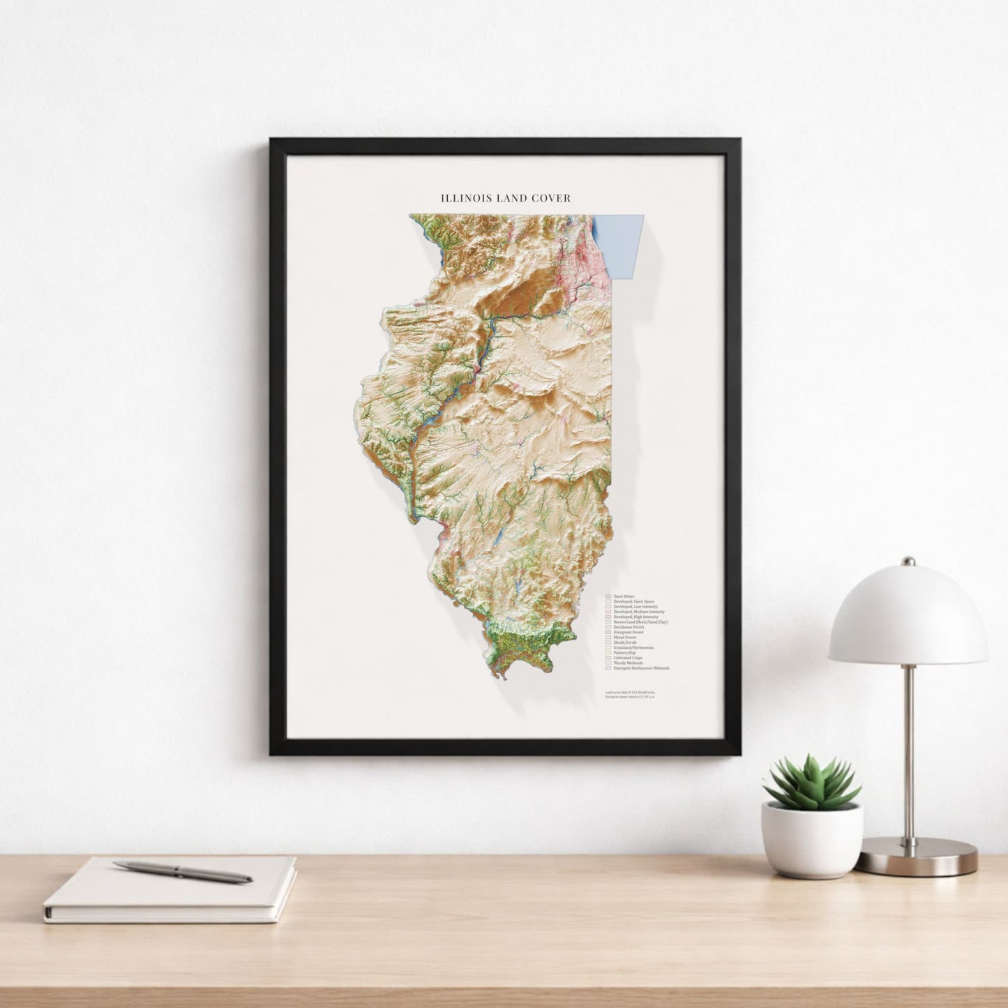 Illinois Topographic Map – Landcover Style Giclée Print