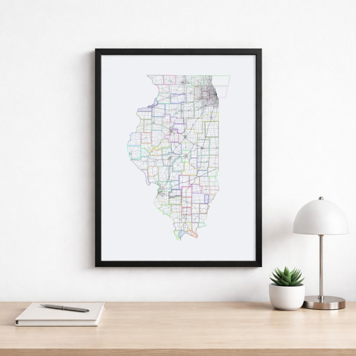 Illinois Map – Roads & Railways Style Giclée Print