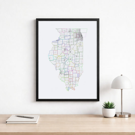 Illinois Map – Roads & Railways Style Giclée Print