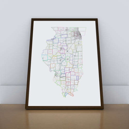 Illinois Map – Roads & Railways Style Giclée Print
