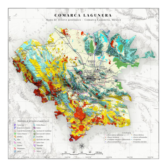 Comarca Lagunera (20 Municipios), México – Geological Shaded Relief Map