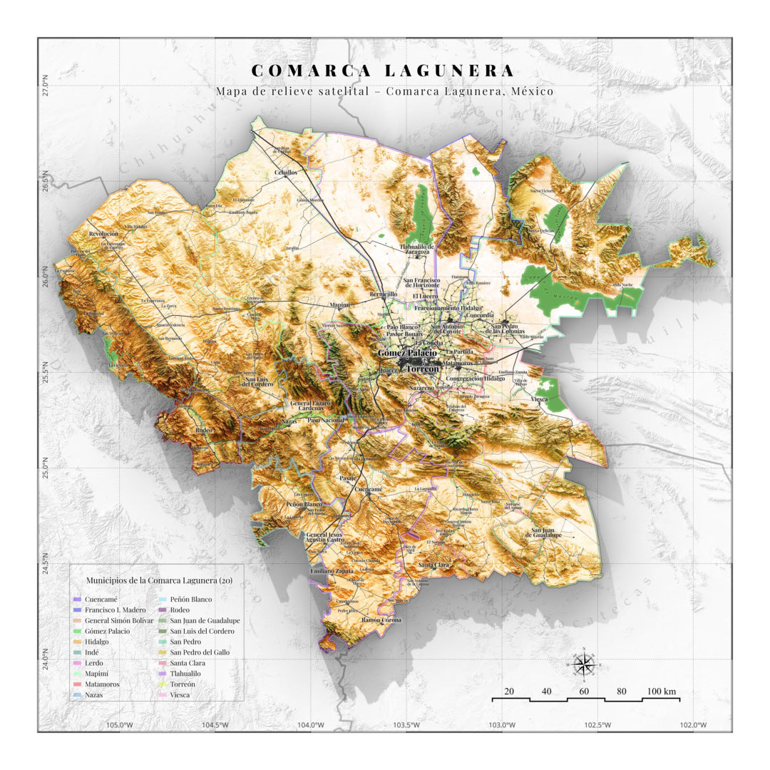 Comarca Lagunera (20 Municipios), Mexico – 3D Relief Map (Satellite)