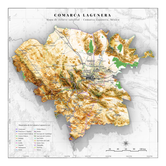 Comarca Lagunera (20 Municipios), Mexico – 3D Relief Map (Satellite)