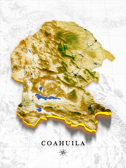 Coahuila, Mexico – 3D Relief Map (Satellite)