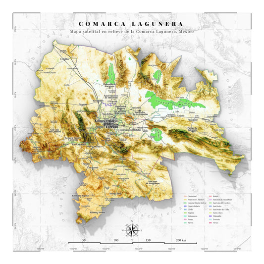 Mapa satelital en relieve de la Comarca Lagunera, México | Fine art print