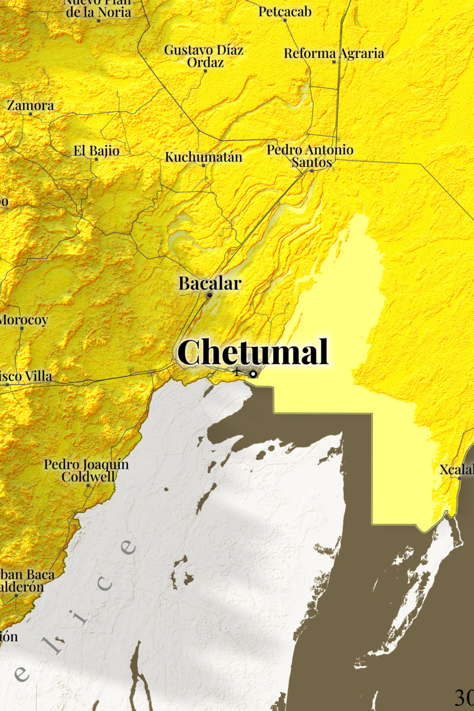 Quintana Roo, Mexico – Golden Shaded Relief Map | Fine Art Print