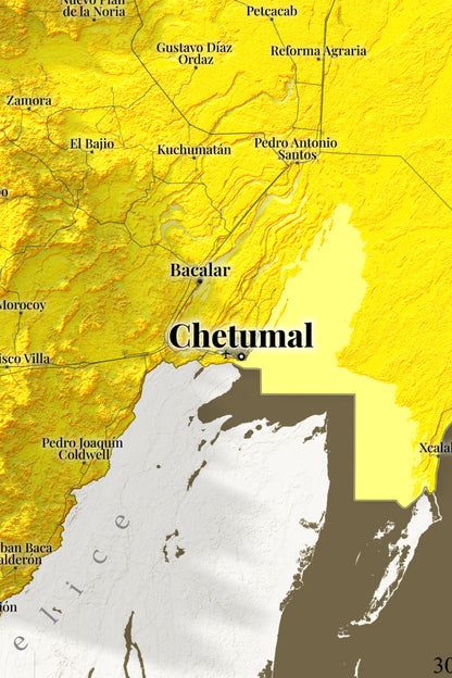 Quintana Roo, Mexico – Golden Shaded Relief Map | Fine Art Print