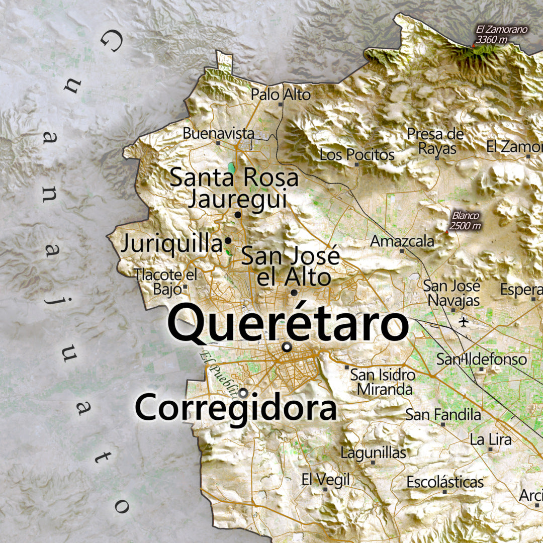 Queretaro, Mexico – Satellite Shaded Relief Map | Fine Art Print