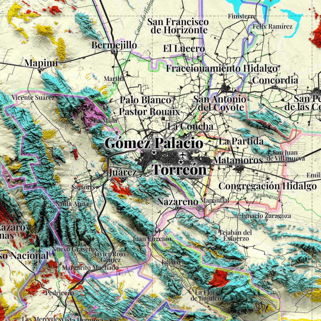 Comarca Lagunera (20 Municipios), México – Geological Shaded Relief Map