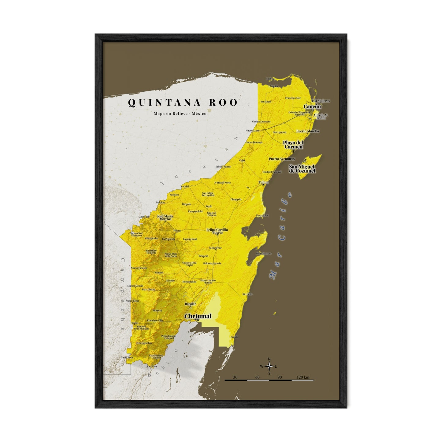 Quintana Roo, Mexico – Golden Shaded Relief Map | Fine Art Print