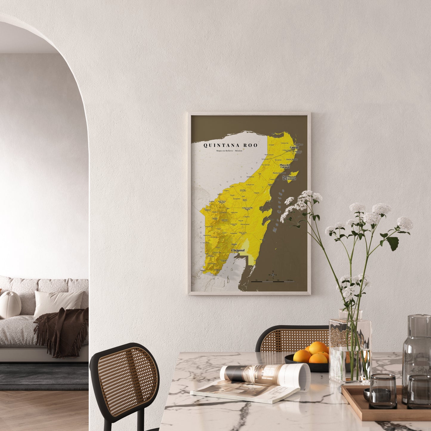 Quintana Roo, Mexico – Golden Shaded Relief Map | Fine Art Print