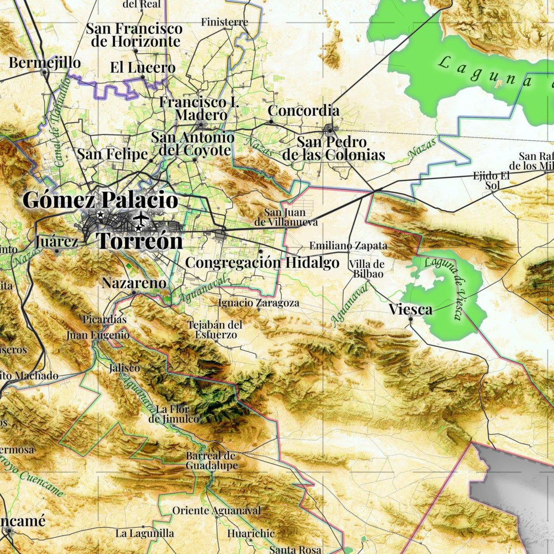 Mapa satelital en relieve de la Comarca Lagunera, México | Fine art print