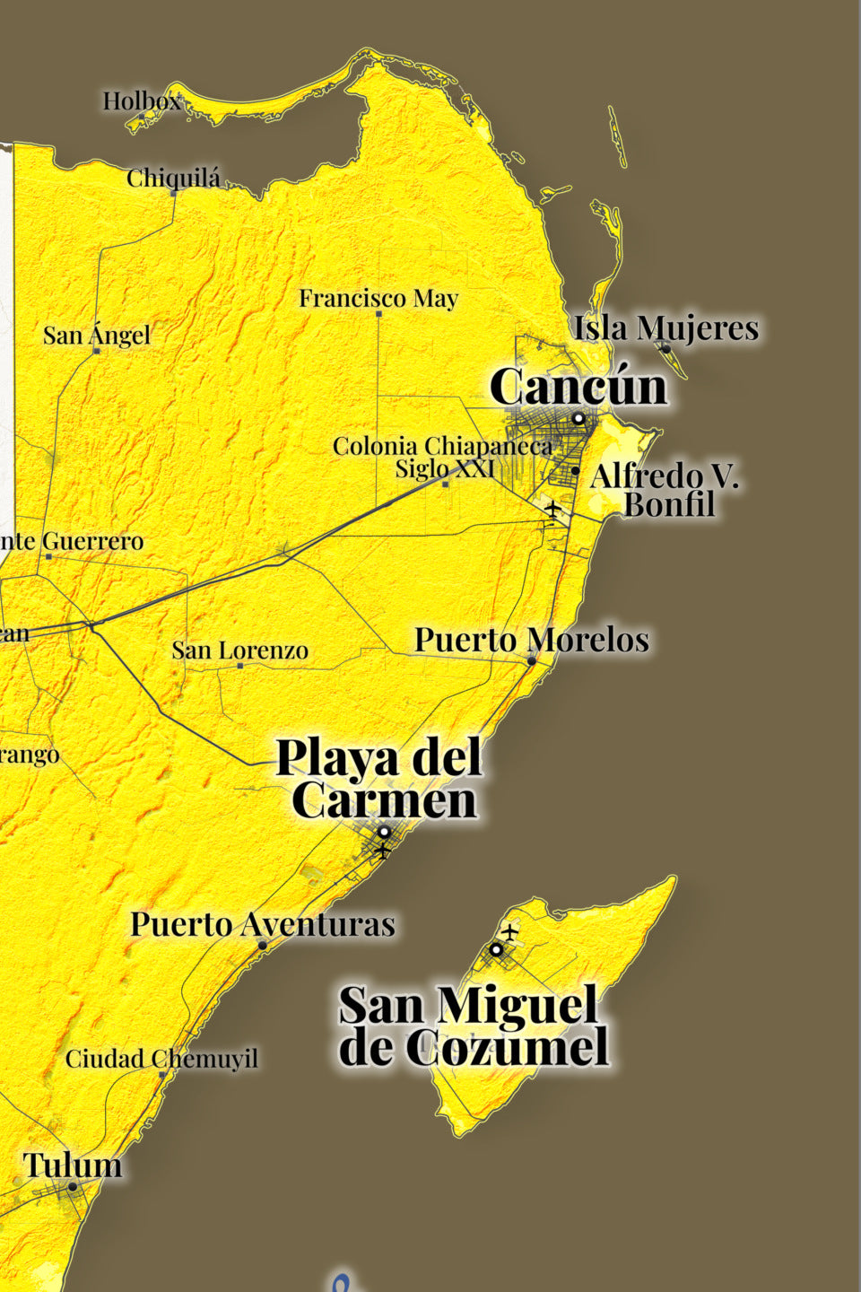 Quintana Roo, Mexico – Golden Shaded Relief Map | Fine Art Print
