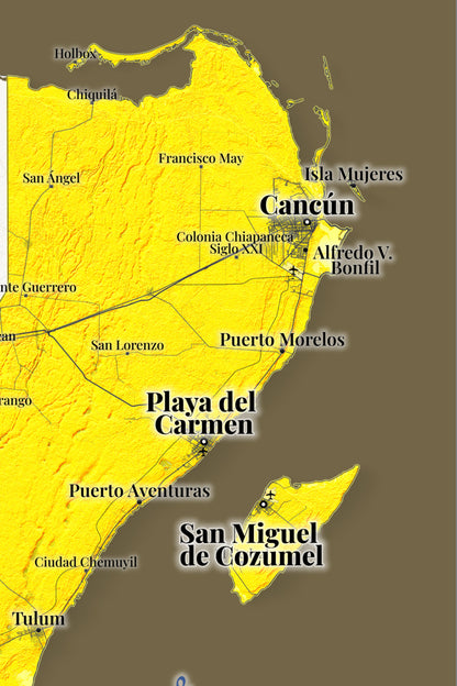 Quintana Roo, Mexico – Golden Shaded Relief Map | Fine Art Print