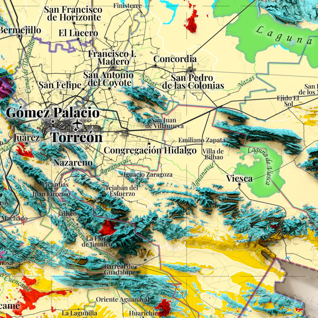 Comarca Lagunera (18 Municipios), México – Geological Shaded Relief Map
