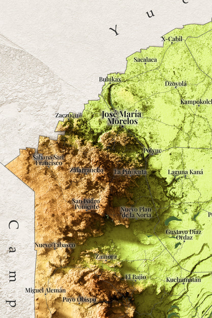 Quintana Roo, Mexico – Elevation Shaded Relief Map | Fine Art Print