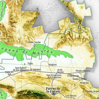 Mapa satelital en relieve de la Comarca Lagunera, México | Fine art print