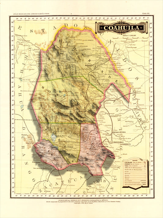 Coahuila, Mexico – Antique Relief Map | Fine Art Print