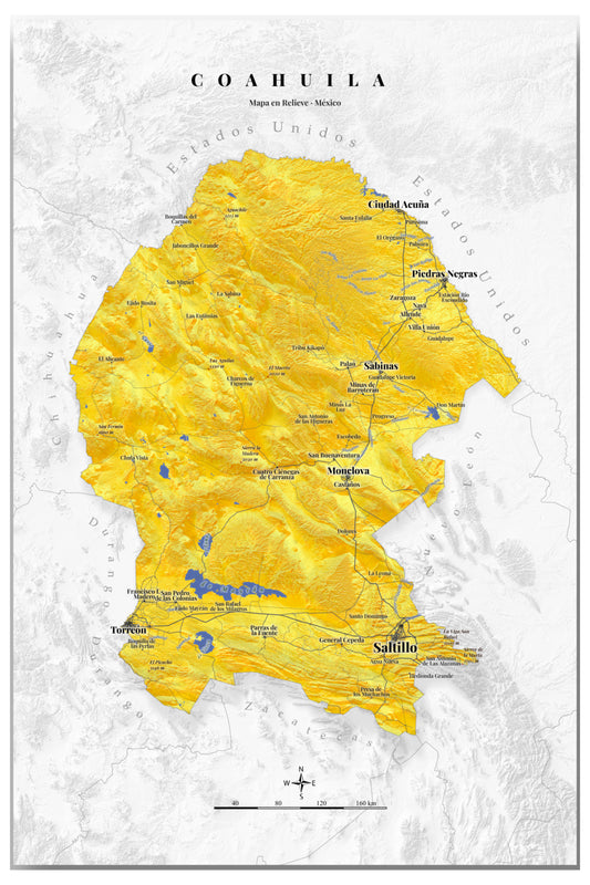 Coahuila, Mexico – Golden Shaded Relief Map | Fine Art Print