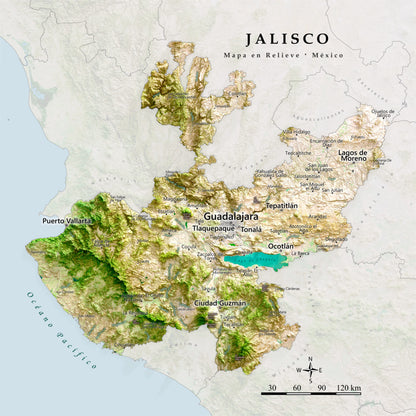 Jalisco, Mexico – Satellite Shaded Relief Map | Fine Art Print