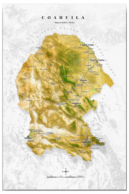 Coahuila, Mexico – Satellite Shaded Relief Map | Fine Art Print
